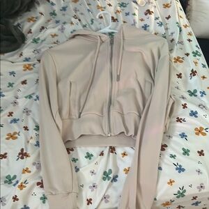 Beige Cropped Zip-Up Hoodie